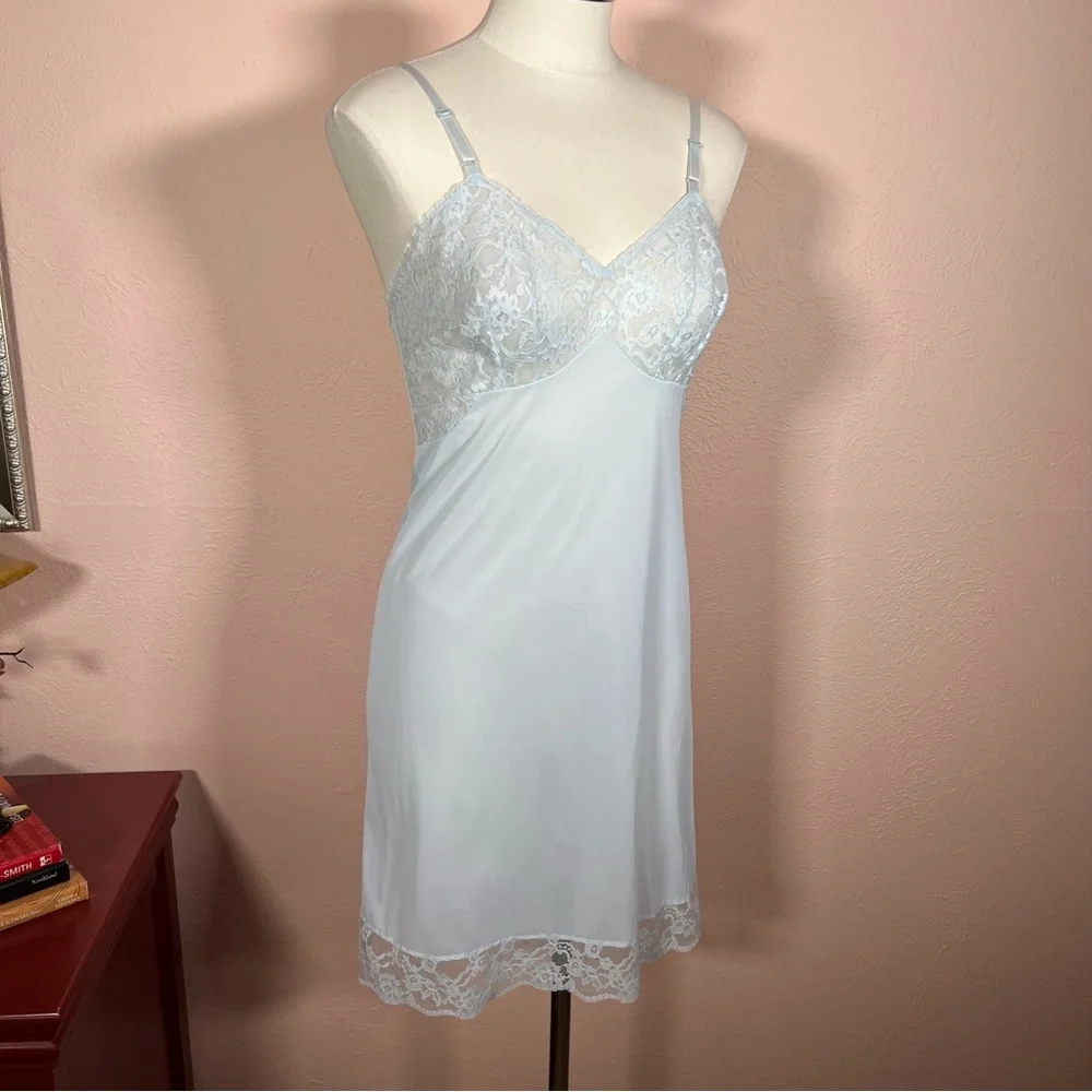 Vintage 40 50 Retro Vanity Fair Pale Blue Lace mini Slip Dress Night Gown - Picture 1 of 17